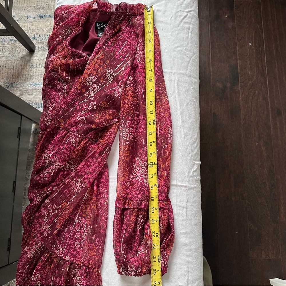 MSK Petite Floral Tiered Chiffon Dress PM Burgundy Romantic Boho Mini - Picture 13 of 13